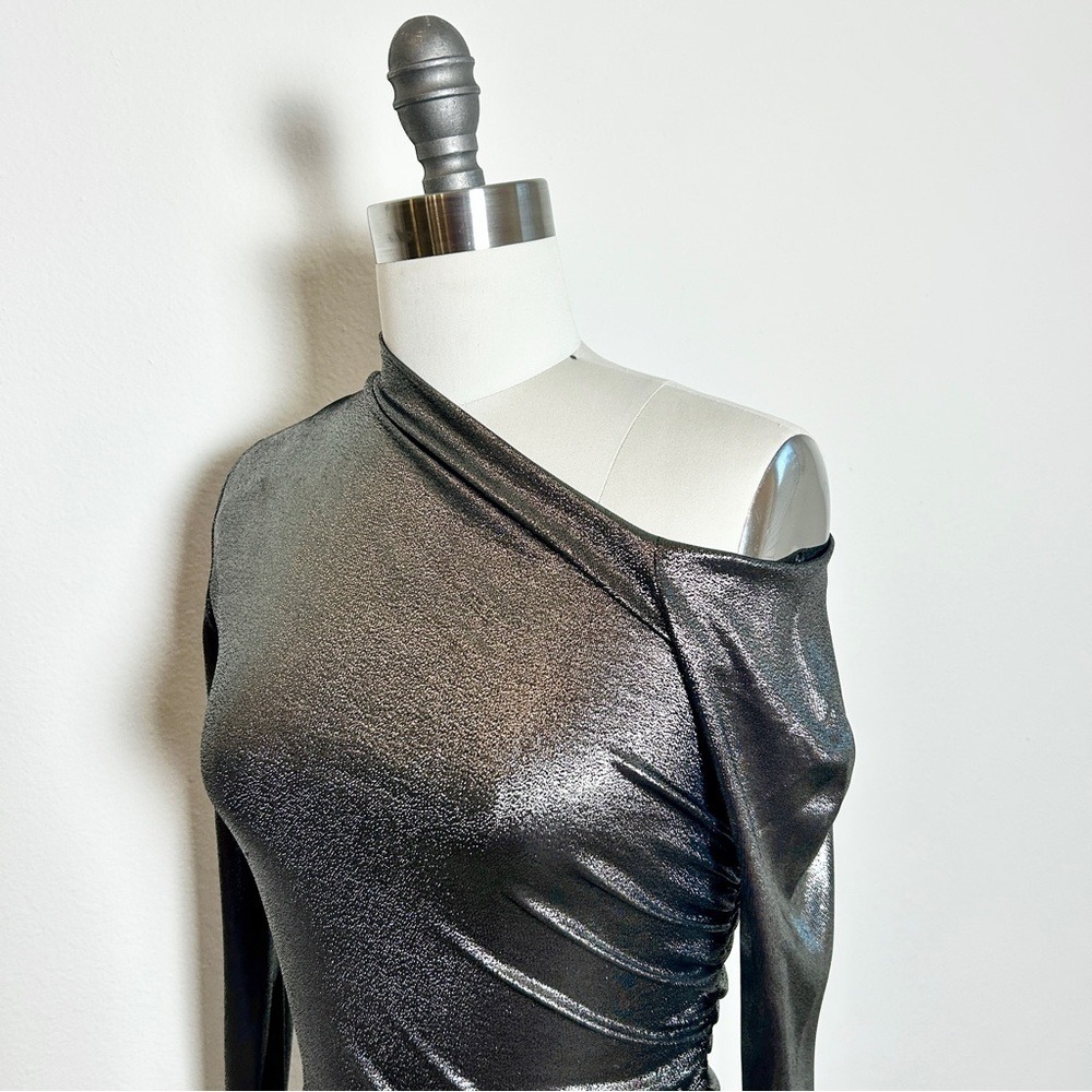 Ralph Lauren Purple Label Metallic One Shoulder Ruched Topโ Silver XS NWT Italy